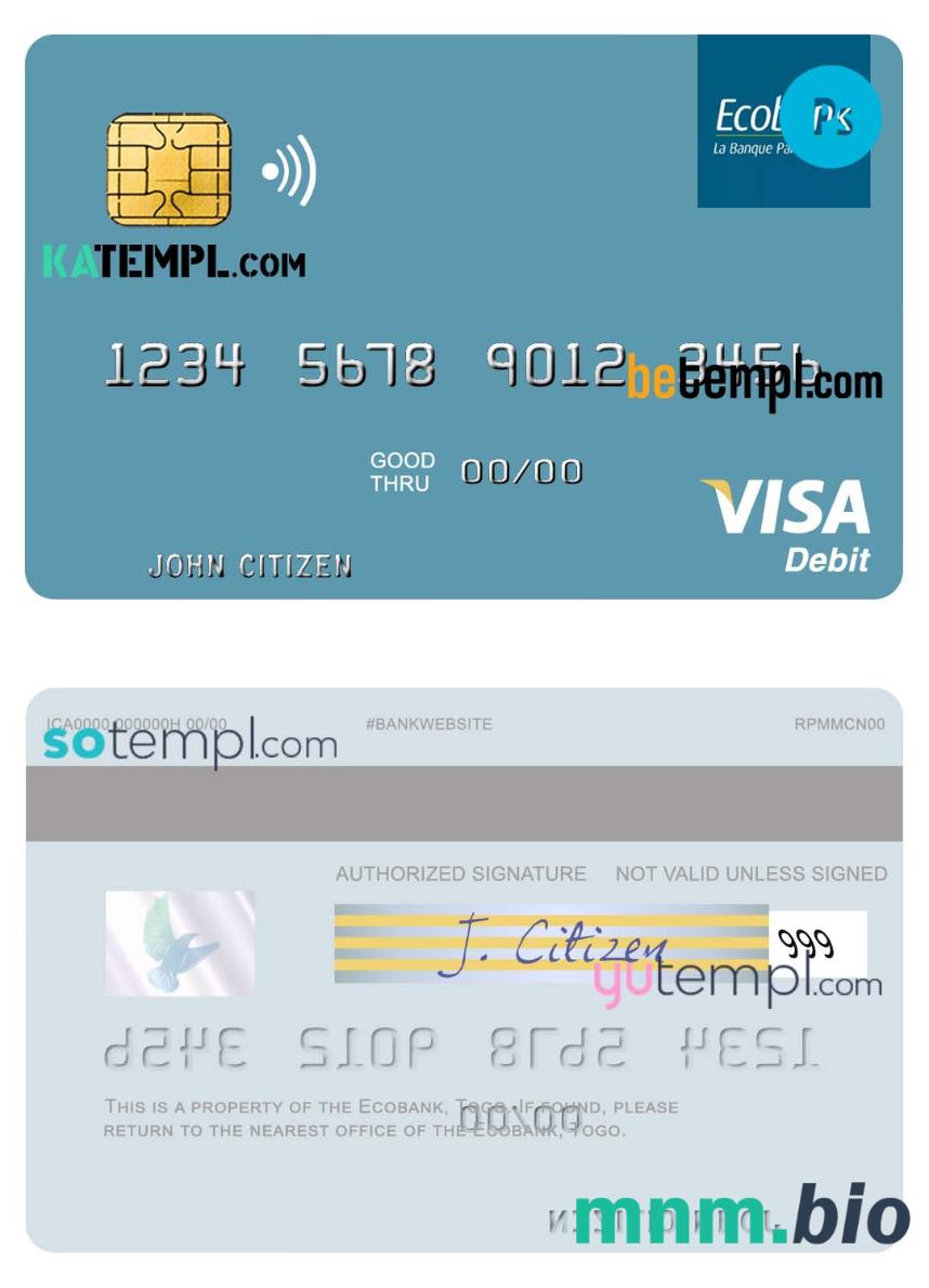Togo Ecobank visa debet szablon karty in PSD format